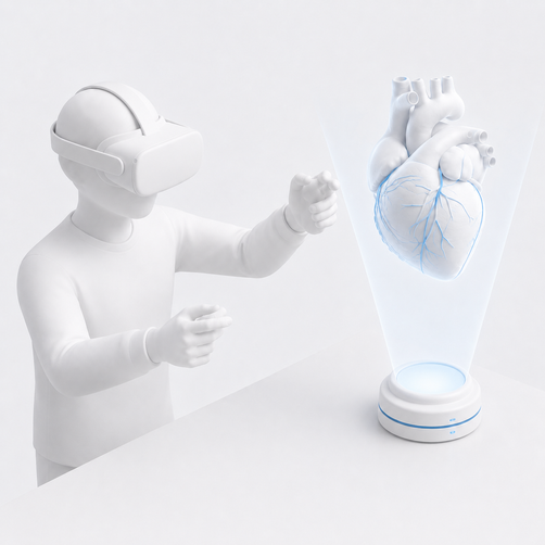 Student in VR headset interacting with a holographic heart
