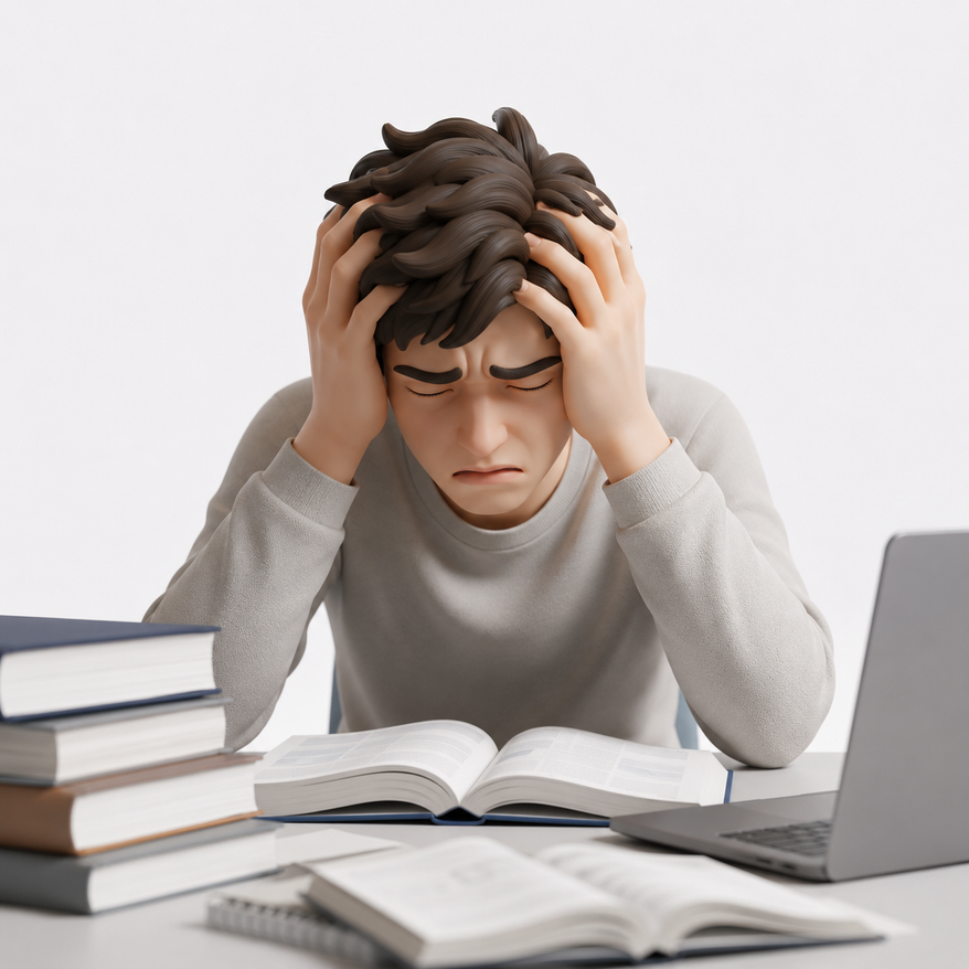 Stressed student studying - theory you can recite, skills you can't