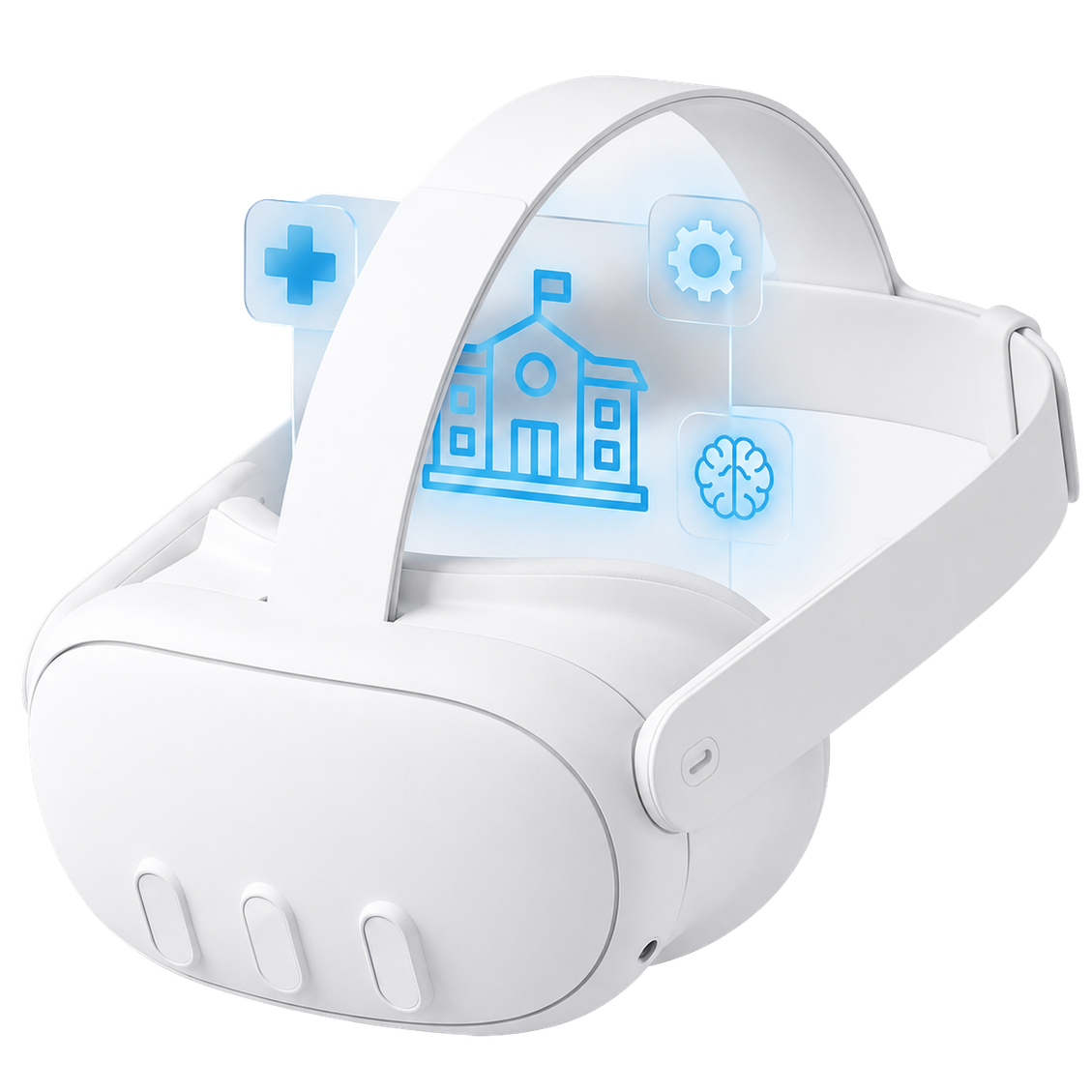 Meta Quest VR headset with holographic icons of a hospital, brain, gear and medical cross